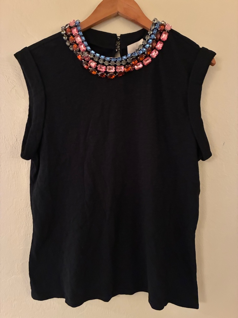 Cinq A Sept Black Sleeveless Top with Multicolor Jeweled Collar